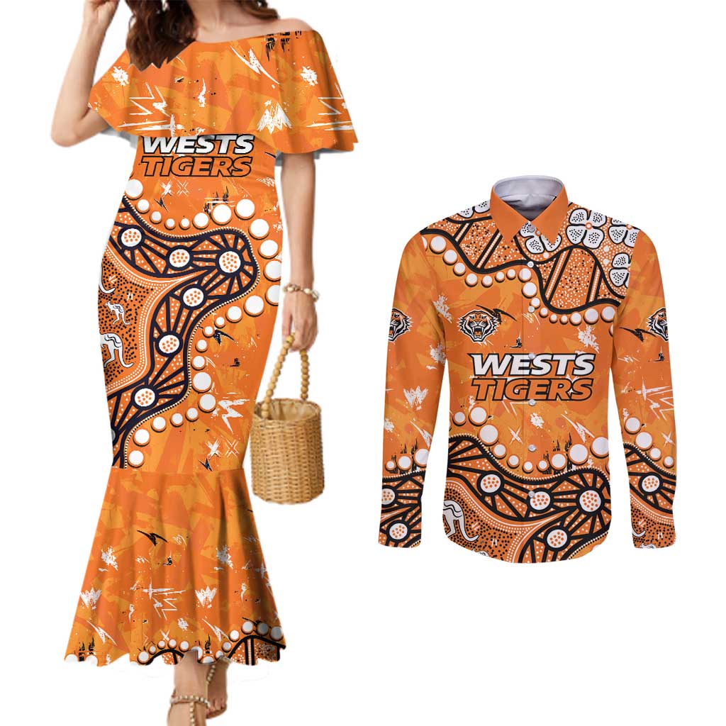 Personalized Wests Tigers Couples Matching Mermaid Dress and Long Sleeve Button Shirt Aboriginal Pattern with Graffiti Style Design