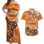 Personalized Wests Tigers Couples Matching Off Shoulder Maxi Dress and Hawaiian Shirt Aboriginal Pattern with Graffiti Style Design
