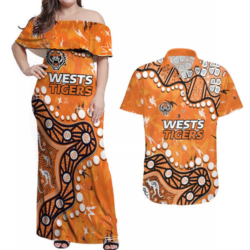 Personalized Wests Tigers Couples Matching Off Shoulder Maxi Dress and Hawaiian Shirt Aboriginal Pattern with Graffiti Style Design