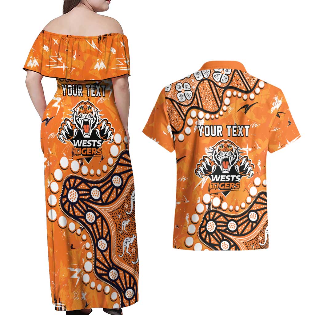 Personalized Wests Tigers Couples Matching Off Shoulder Maxi Dress and Hawaiian Shirt Aboriginal Pattern with Graffiti Style Design