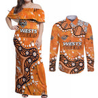 Personalized Wests Tigers Couples Matching Off Shoulder Maxi Dress and Long Sleeve Button Shirt Aboriginal Pattern with Graffiti Style Design