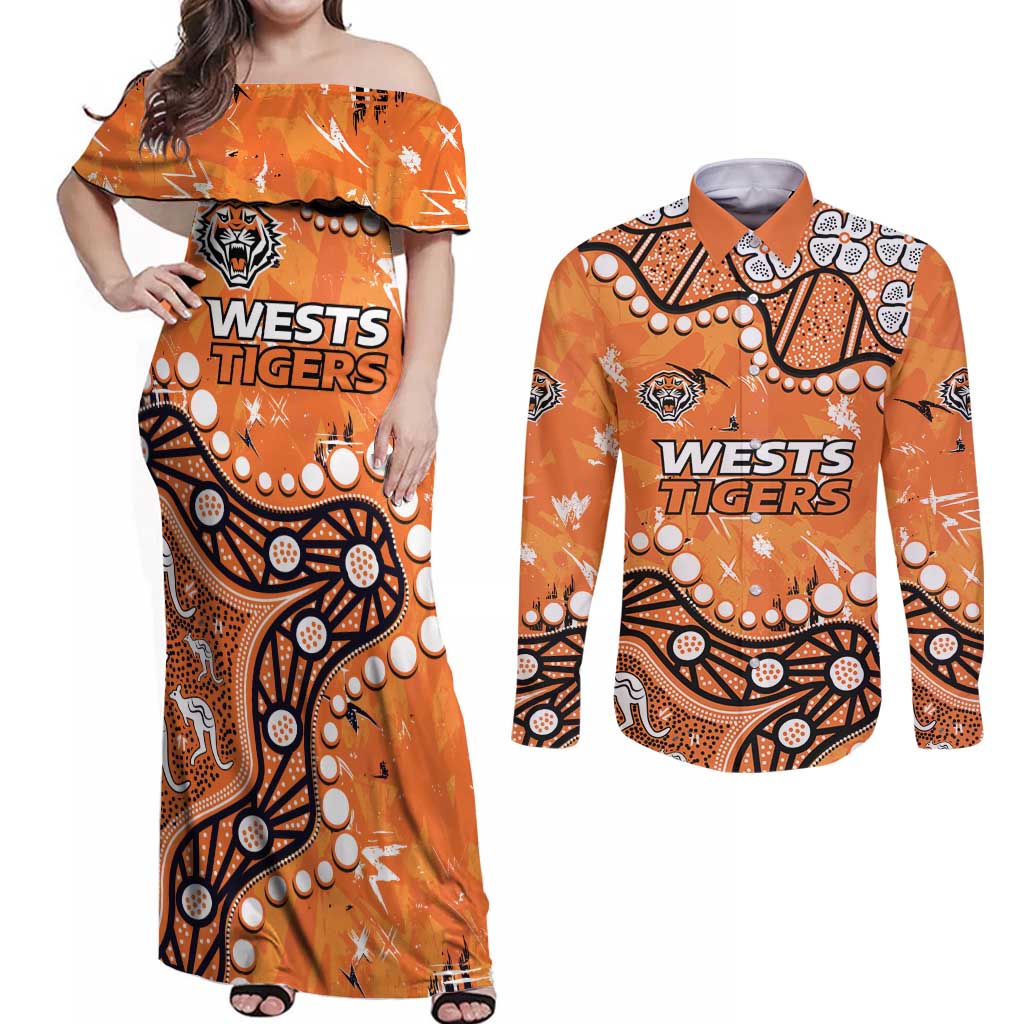 Personalized Wests Tigers Couples Matching Off Shoulder Maxi Dress and Long Sleeve Button Shirt Aboriginal Pattern with Graffiti Style Design