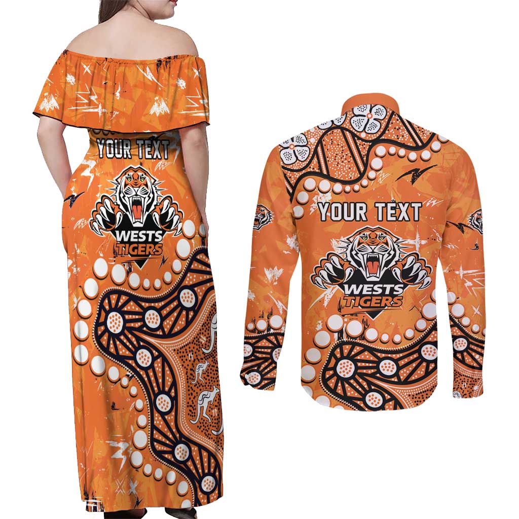 Personalized Wests Tigers Couples Matching Off Shoulder Maxi Dress and Long Sleeve Button Shirt Aboriginal Pattern with Graffiti Style Design