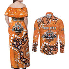 Personalized Wests Tigers Couples Matching Off Shoulder Maxi Dress and Long Sleeve Button Shirt Aboriginal Pattern with Graffiti Style Design