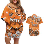 Personalized Wests Tigers Couples Matching Off Shoulder Short Dress and Hawaiian Shirt Aboriginal Pattern with Graffiti Style Design