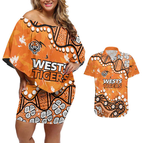 Personalized Wests Tigers Couples Matching Off Shoulder Short Dress and Hawaiian Shirt Aboriginal Pattern with Graffiti Style Design