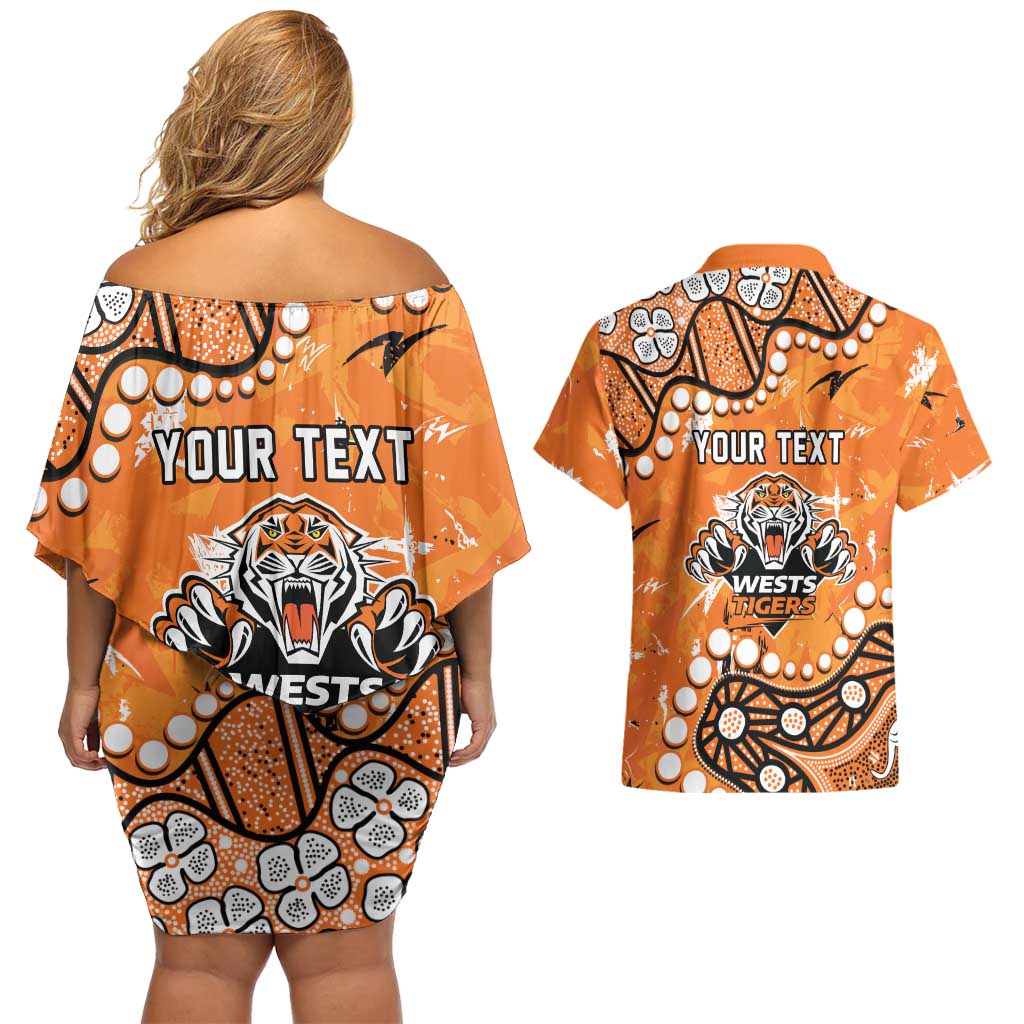 Personalized Wests Tigers Couples Matching Off Shoulder Short Dress and Hawaiian Shirt Aboriginal Pattern with Graffiti Style Design