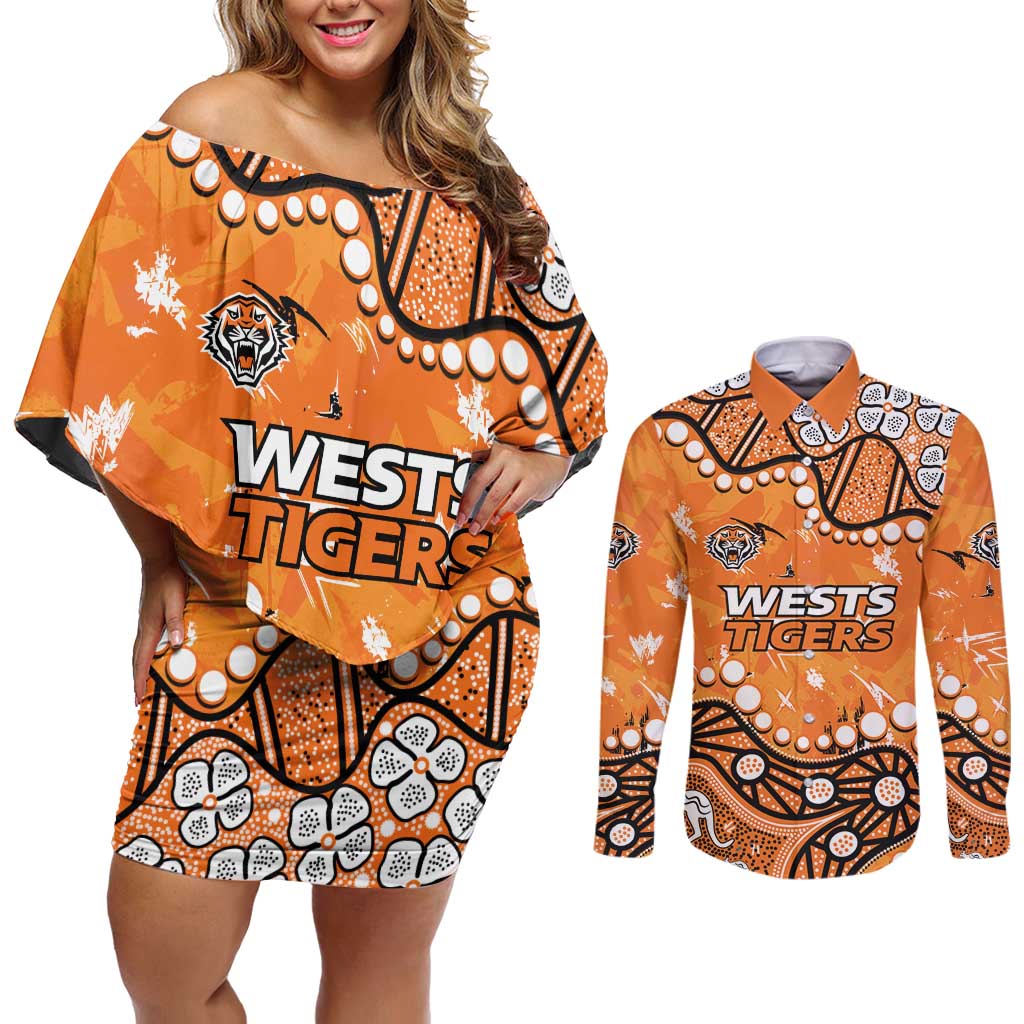 Personalized Wests Tigers Couples Matching Off Shoulder Short Dress and Long Sleeve Button Shirt Aboriginal Pattern with Graffiti Style Design