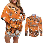 Personalized Wests Tigers Couples Matching Off Shoulder Short Dress and Long Sleeve Button Shirt Aboriginal Pattern with Graffiti Style Design