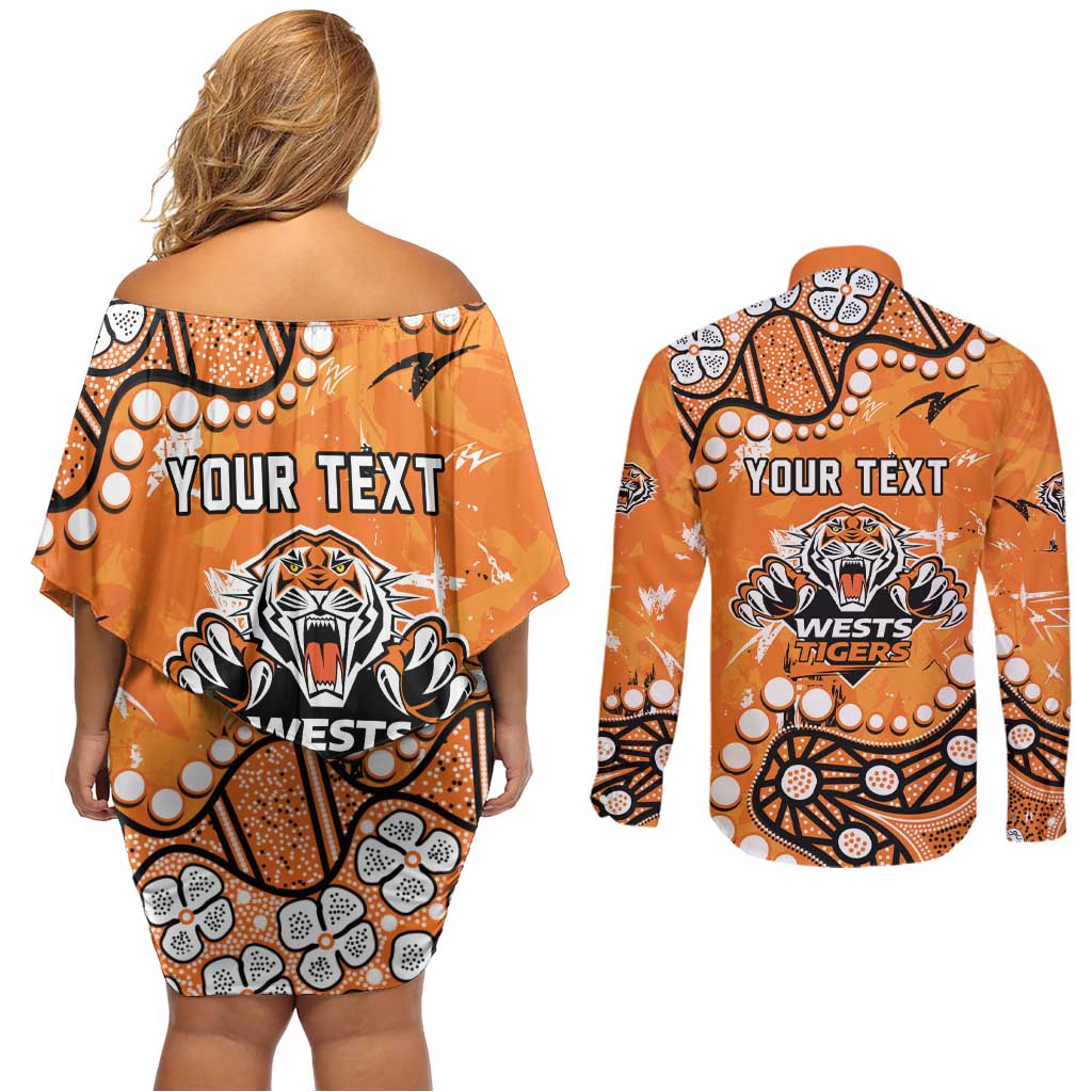 Personalized Wests Tigers Couples Matching Off Shoulder Short Dress and Long Sleeve Button Shirt Aboriginal Pattern with Graffiti Style Design