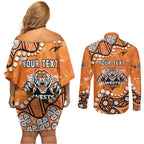 Personalized Wests Tigers Couples Matching Off Shoulder Short Dress and Long Sleeve Button Shirt Aboriginal Pattern with Graffiti Style Design