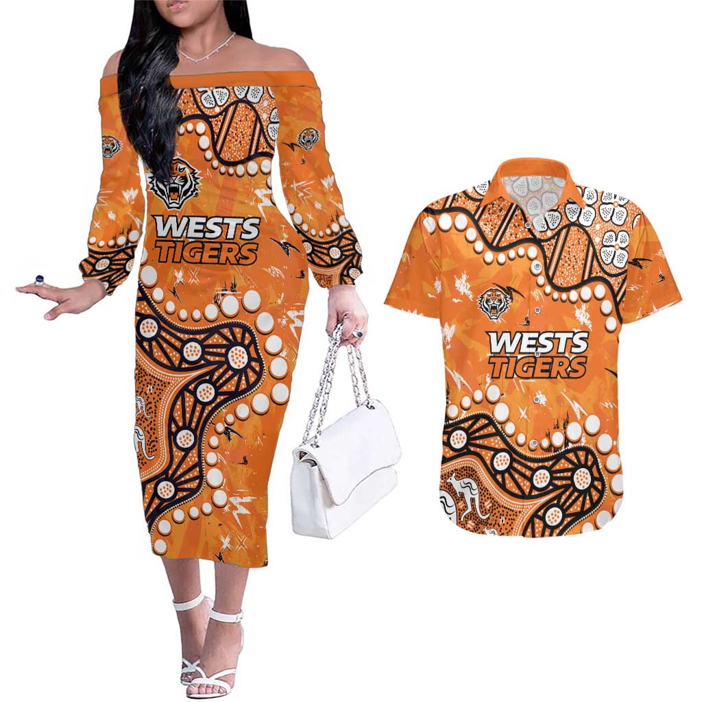 Personalized Wests Tigers Couples Matching Off The Shoulder Long Sleeve Dress and Hawaiian Shirt Aboriginal Pattern with Graffiti Style Design