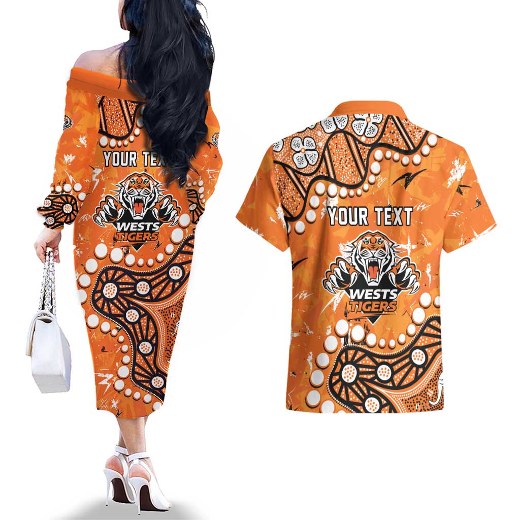 Personalized Wests Tigers Couples Matching Off The Shoulder Long Sleeve Dress and Hawaiian Shirt Aboriginal Pattern with Graffiti Style Design