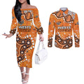 Personalized Wests Tigers Couples Matching Off The Shoulder Long Sleeve Dress and Long Sleeve Button Shirt Aboriginal Pattern with Graffiti Style Design
