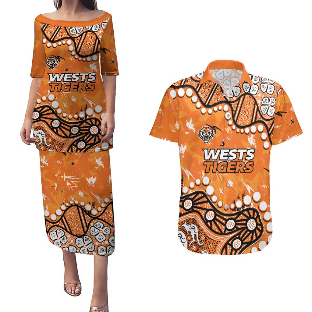 Personalized Wests Tigers Couples Matching Puletasi and Hawaiian Shirt Aboriginal Pattern with Graffiti Style Design