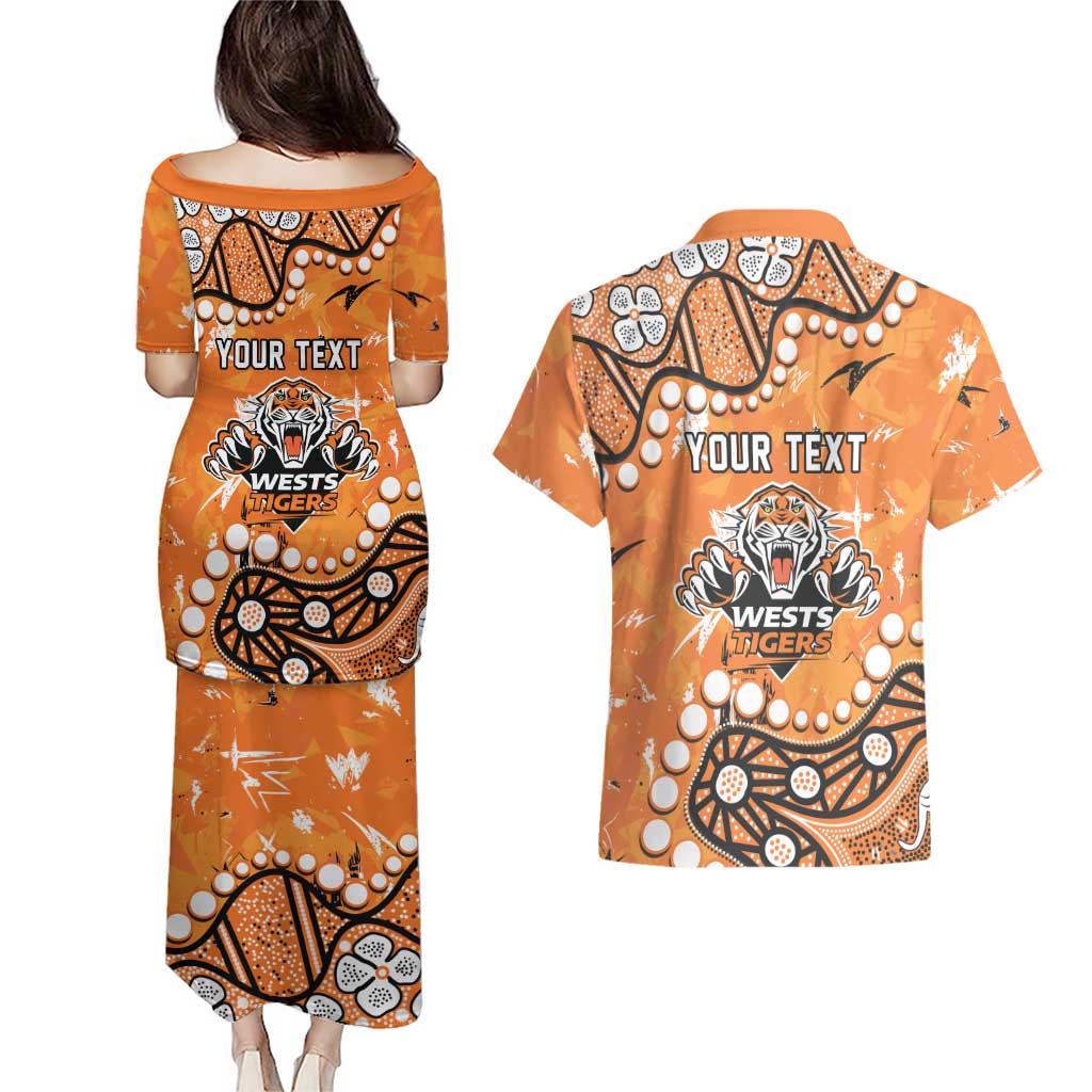 Personalized Wests Tigers Couples Matching Puletasi and Hawaiian Shirt Aboriginal Pattern with Graffiti Style Design