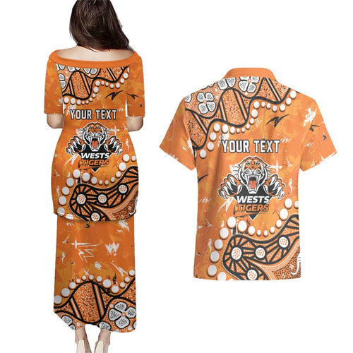Personalized Wests Tigers Couples Matching Puletasi and Hawaiian Shirt Aboriginal Pattern with Graffiti Style Design