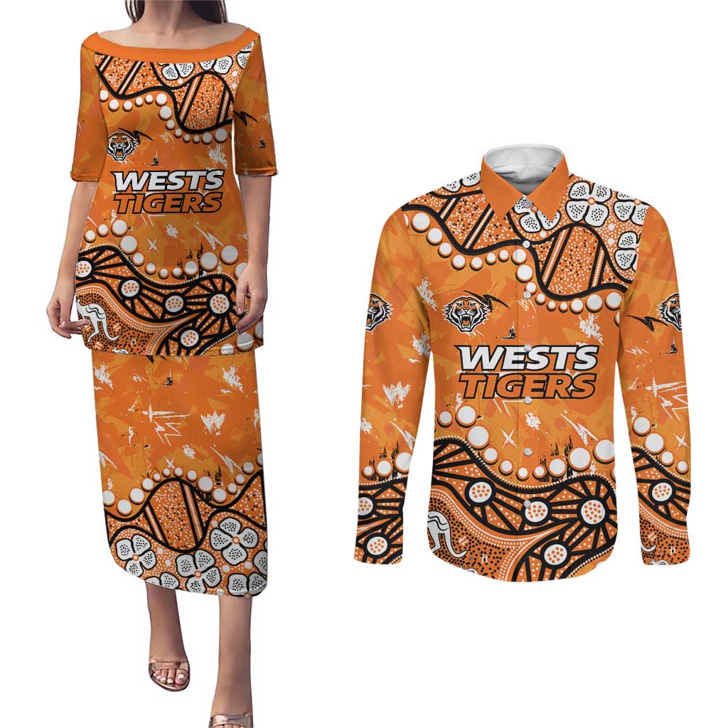 Personalized Wests Tigers Couples Matching Puletasi and Long Sleeve Button Shirt Aboriginal Pattern with Graffiti Style Design