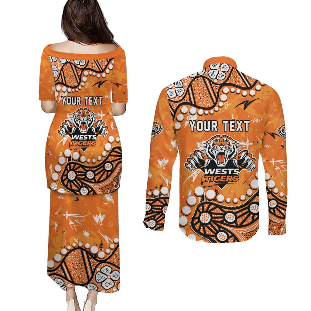 Personalized Wests Tigers Couples Matching Puletasi and Long Sleeve Button Shirt Aboriginal Pattern with Graffiti Style Design