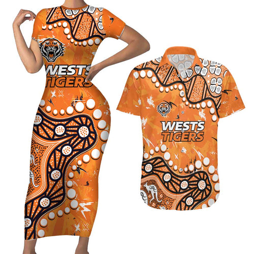 Personalized Wests Tigers Couples Matching Short Sleeve Bodycon Dress and Hawaiian Shirt Aboriginal Pattern with Graffiti Style Design