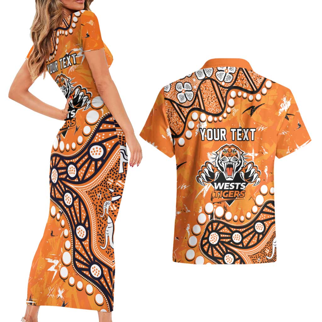 Personalized Wests Tigers Couples Matching Short Sleeve Bodycon Dress and Hawaiian Shirt Aboriginal Pattern with Graffiti Style Design