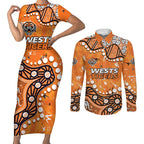 Personalized Wests Tigers Couples Matching Short Sleeve Bodycon Dress and Long Sleeve Button Shirt Aboriginal Pattern with Graffiti Style Design