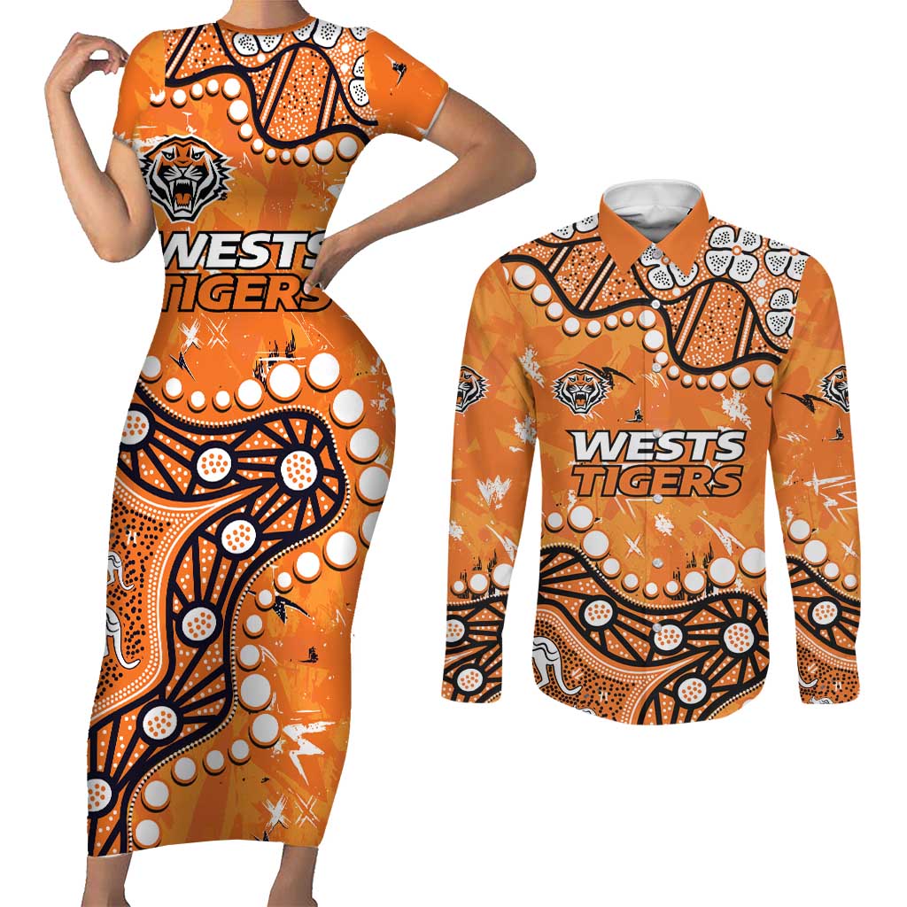 Personalized Wests Tigers Couples Matching Short Sleeve Bodycon Dress and Long Sleeve Button Shirt Aboriginal Pattern with Graffiti Style Design