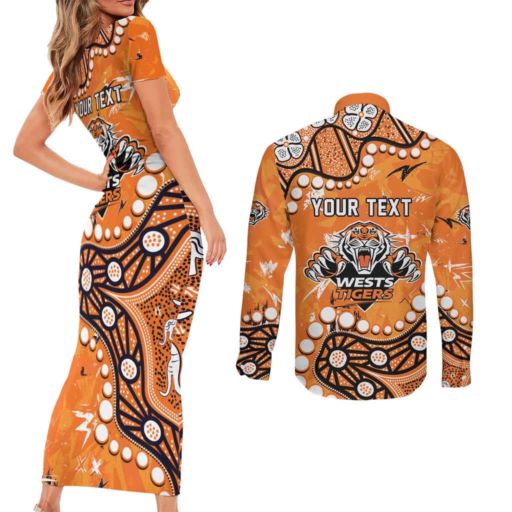 Personalized Wests Tigers Couples Matching Short Sleeve Bodycon Dress and Long Sleeve Button Shirt Aboriginal Pattern with Graffiti Style Design