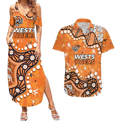 Personalized Wests Tigers Couples Matching Summer Maxi Dress and Hawaiian Shirt Aboriginal Pattern with Graffiti Style Design