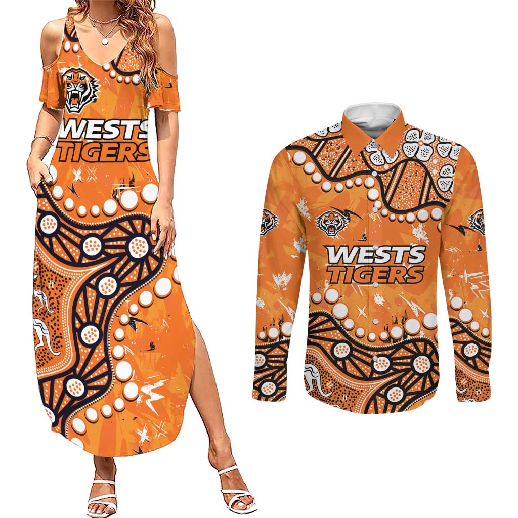 Personalized Wests Tigers Couples Matching Summer Maxi Dress and Long Sleeve Button Shirt Aboriginal Pattern with Graffiti Style Design
