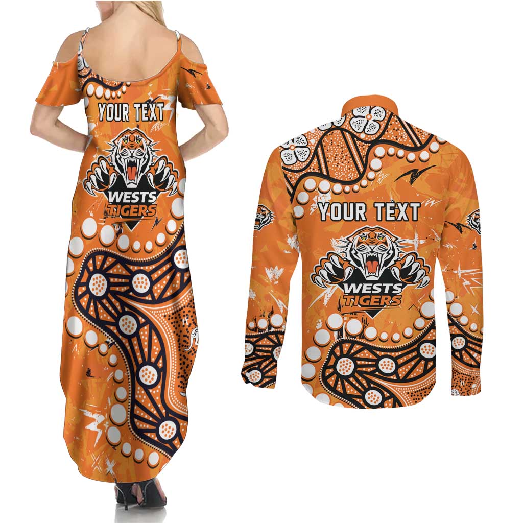 Personalized Wests Tigers Couples Matching Summer Maxi Dress and Long Sleeve Button Shirt Aboriginal Pattern with Graffiti Style Design