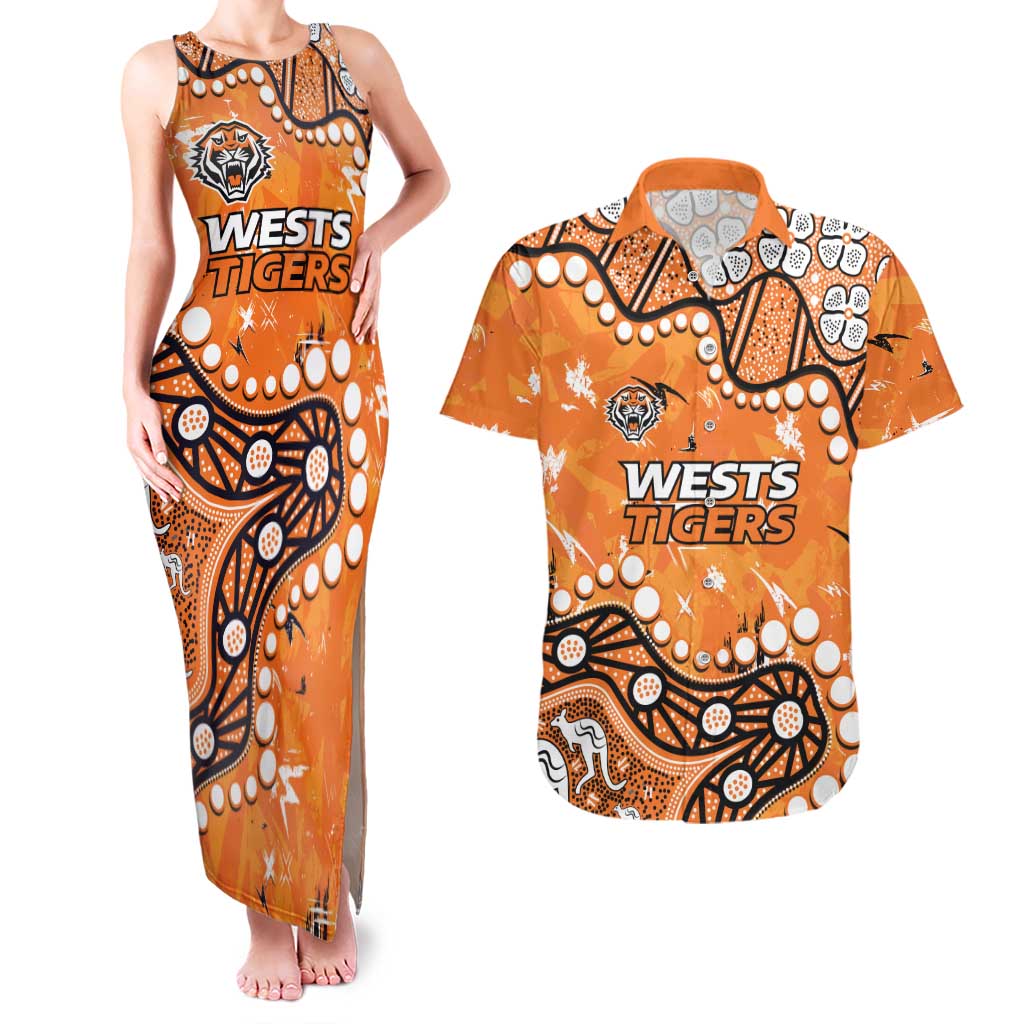 Personalized Wests Tigers Couples Matching Tank Maxi Dress and Hawaiian Shirt Aboriginal Pattern with Graffiti Style Design