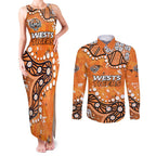 Personalized Wests Tigers Couples Matching Tank Maxi Dress and Long Sleeve Button Shirt Aboriginal Pattern with Graffiti Style Design