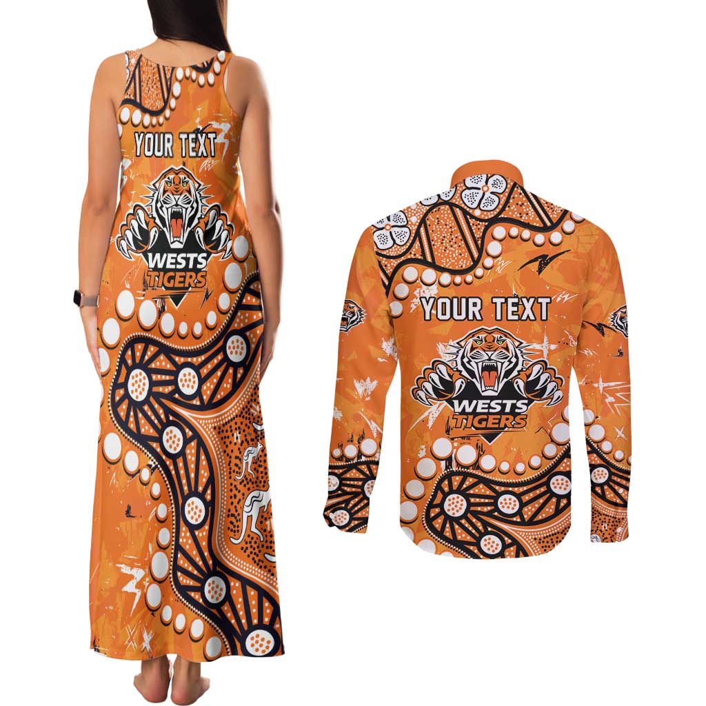 Personalized Wests Tigers Couples Matching Tank Maxi Dress and Long Sleeve Button Shirt Aboriginal Pattern with Graffiti Style Design