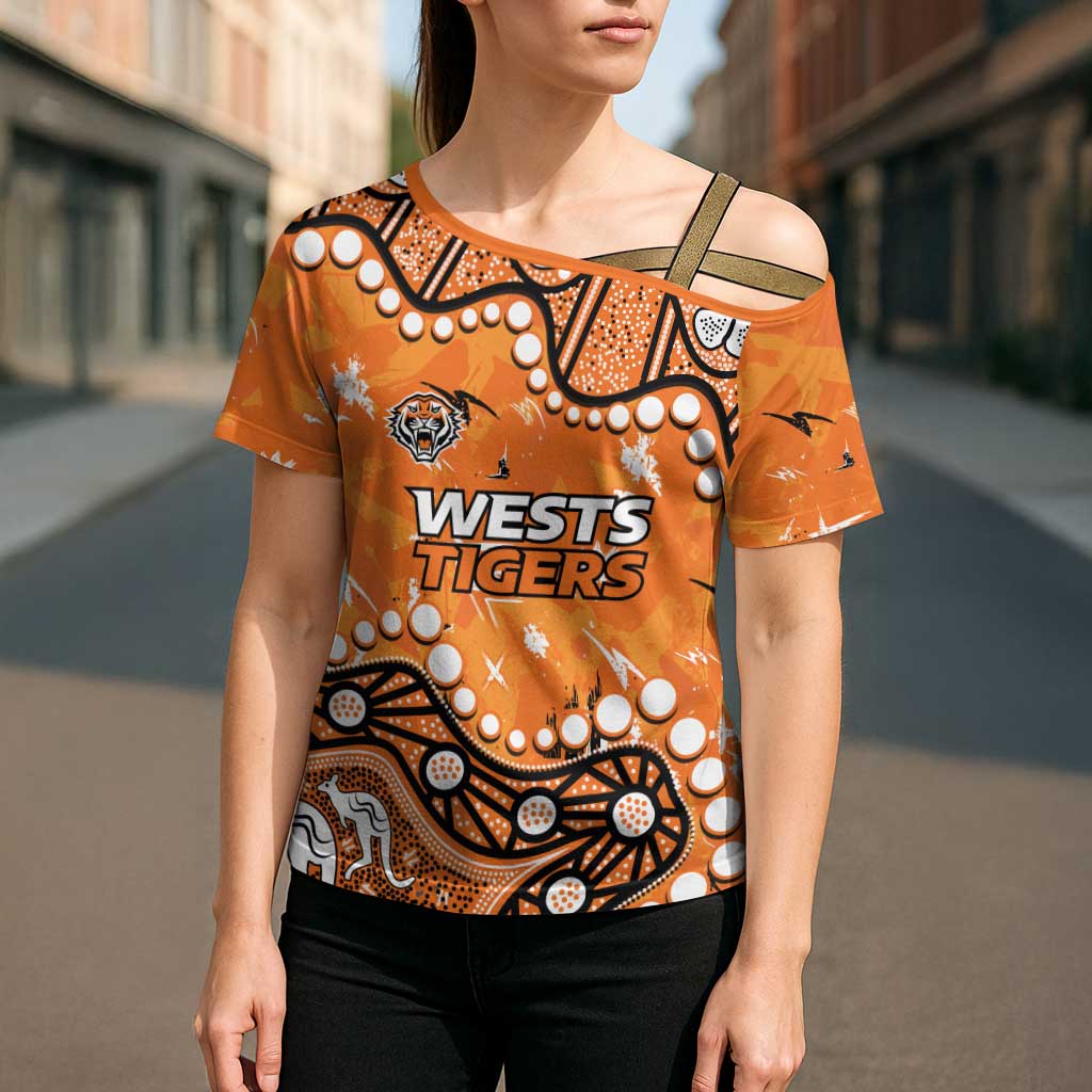 Personalized Wests Tigers Cross Shoulder Shirt Aboriginal Pattern with Graffiti Style Design