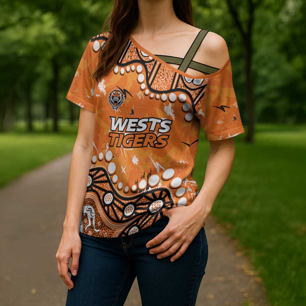 Personalized Wests Tigers Cross Shoulder Shirt Aboriginal Pattern with Graffiti Style Design