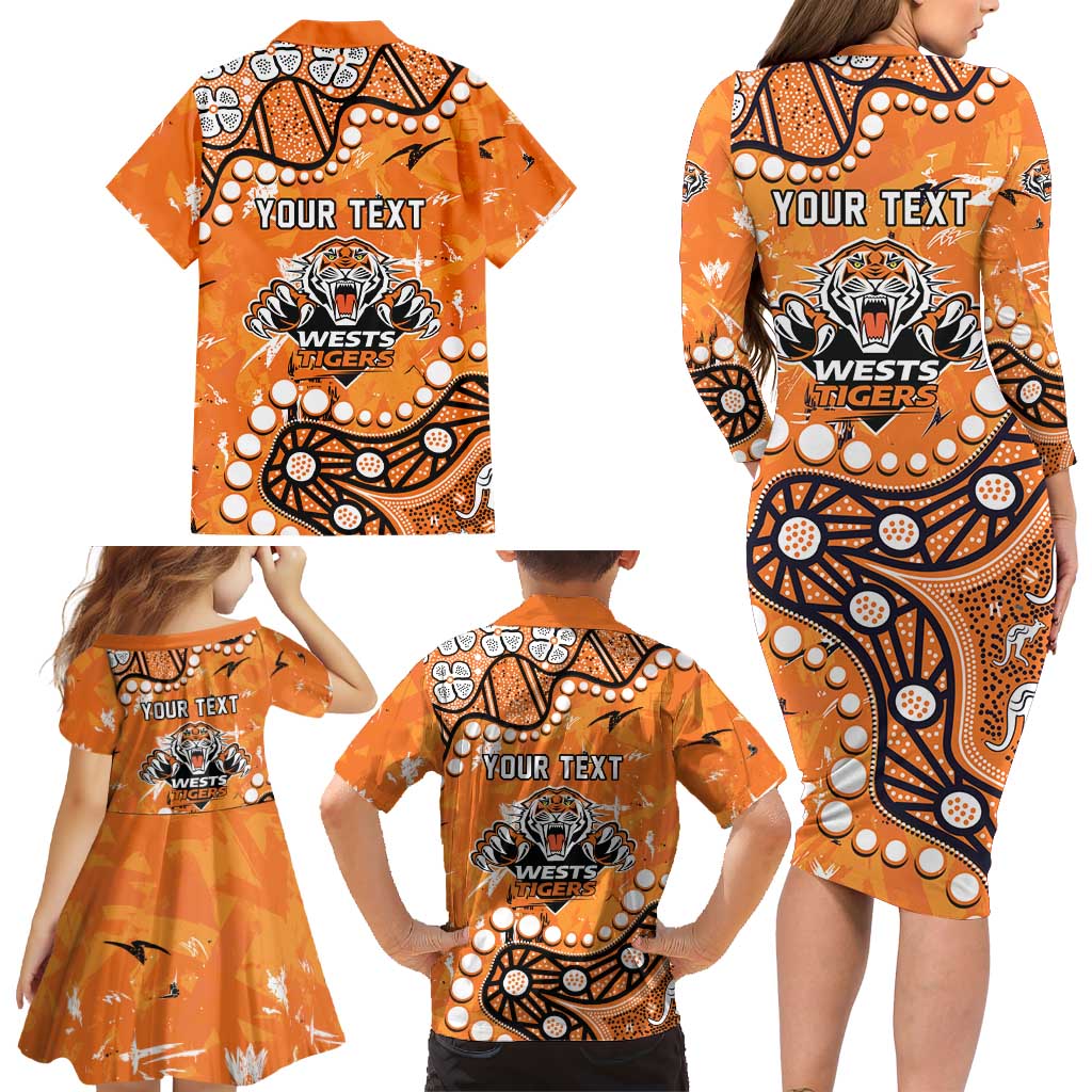 Personalized Wests Tigers Family Matching Long Sleeve Bodycon Dress and Hawaiian Shirt Aboriginal Pattern with Graffiti Style Design