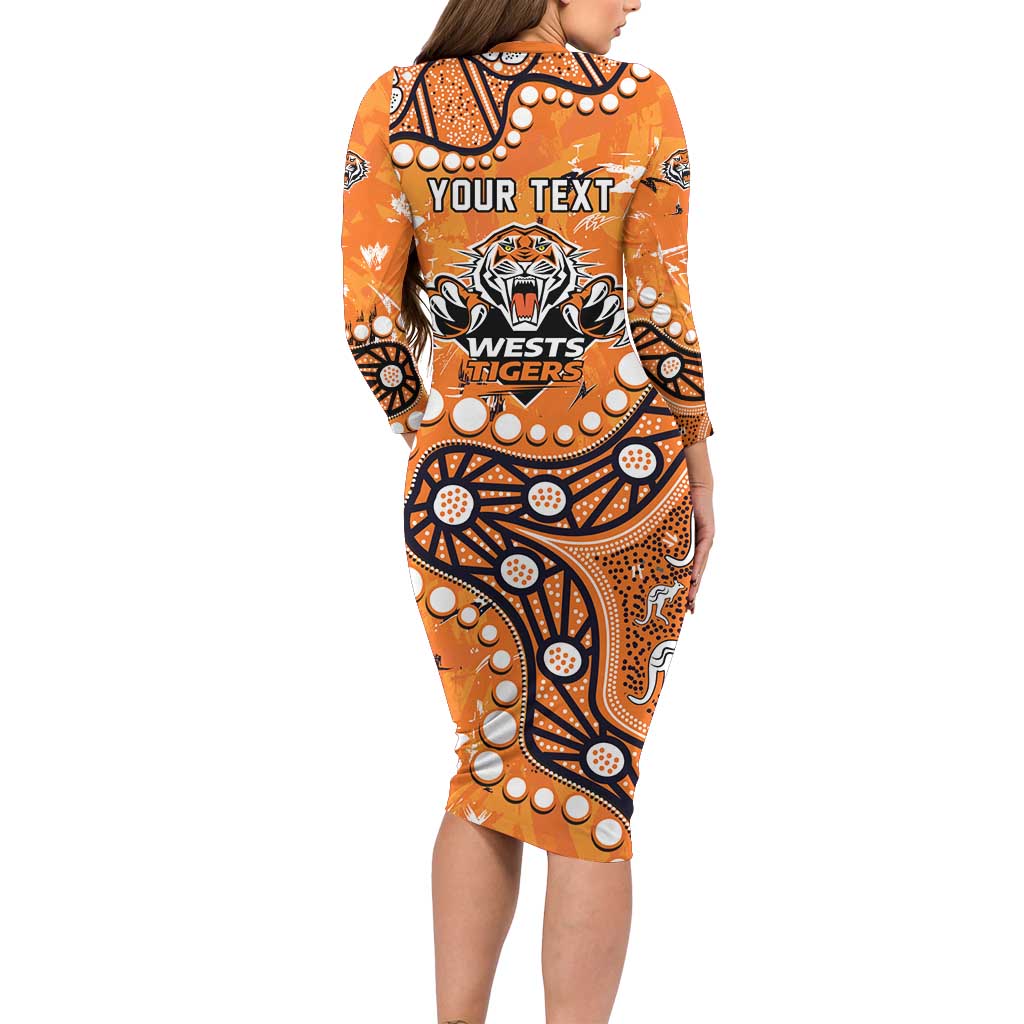 Personalized Wests Tigers Family Matching Long Sleeve Bodycon Dress and Hawaiian Shirt Aboriginal Pattern with Graffiti Style Design