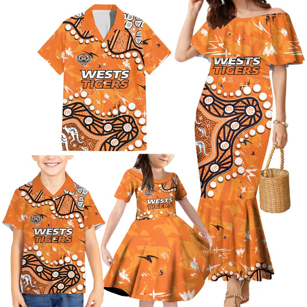 Personalized Wests Tigers Family Matching Mermaid Dress and Hawaiian Shirt Aboriginal Pattern with Graffiti Style Design