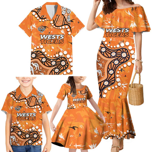 Personalized Wests Tigers Family Matching Mermaid Dress and Hawaiian Shirt Aboriginal Pattern with Graffiti Style Design