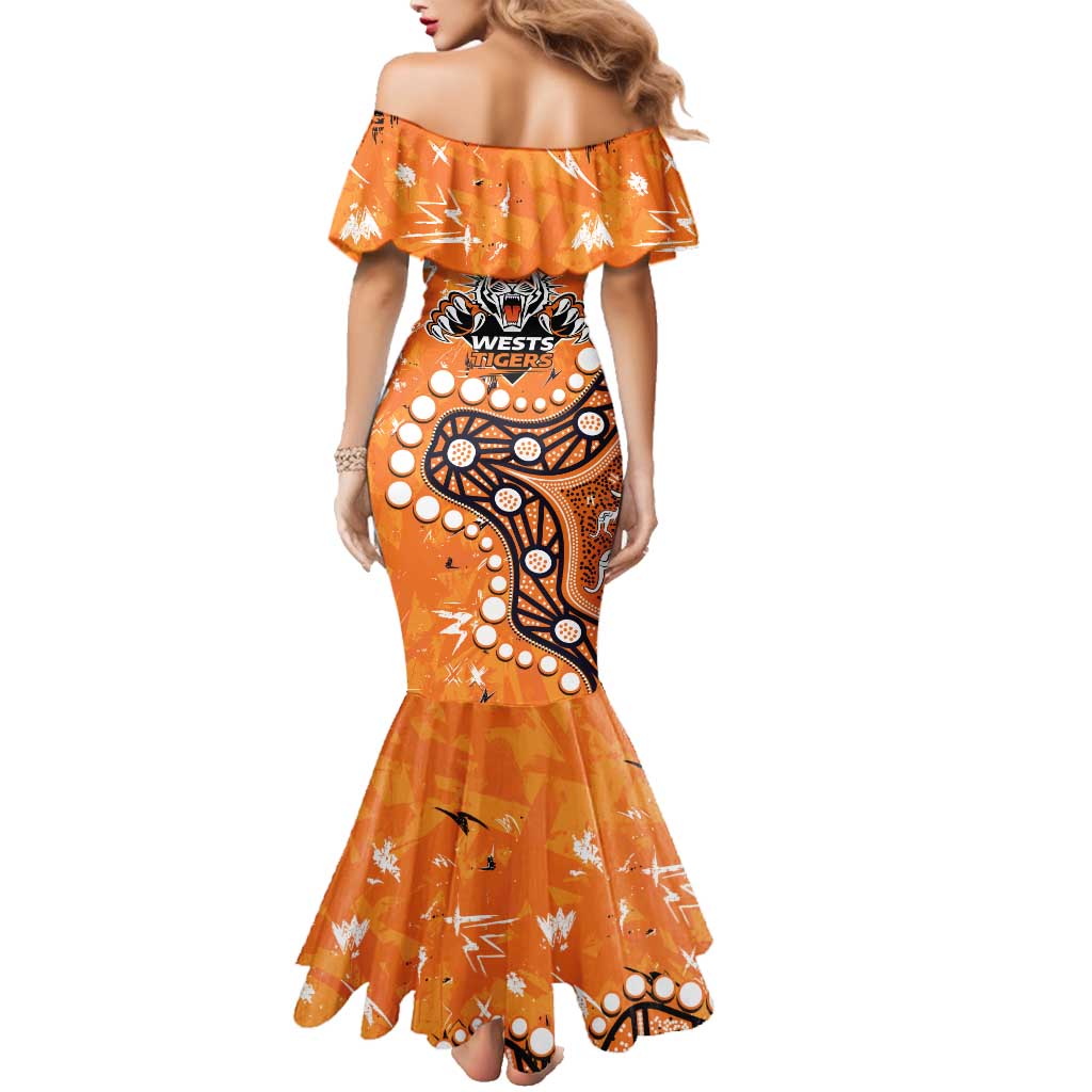 Personalized Wests Tigers Family Matching Mermaid Dress and Hawaiian Shirt Aboriginal Pattern with Graffiti Style Design