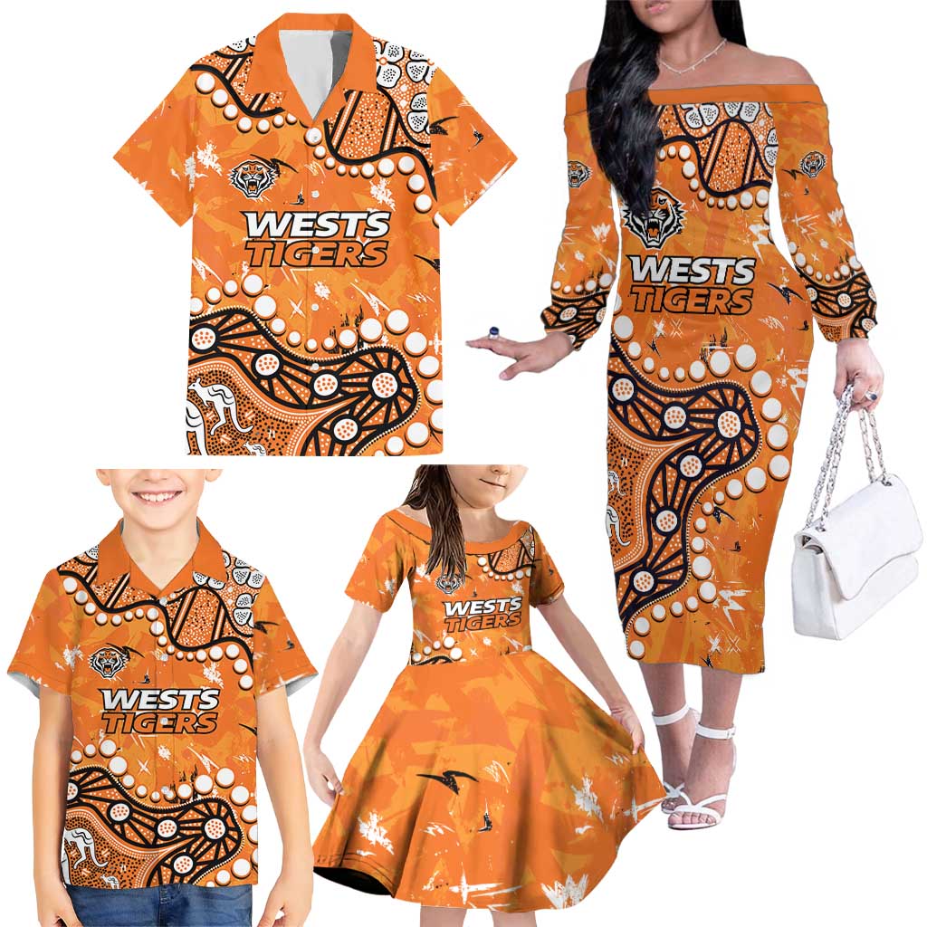 Personalized Wests Tigers Family Matching Off The Shoulder Long Sleeve Dress and Hawaiian Shirt Aboriginal Pattern with Graffiti Style Design