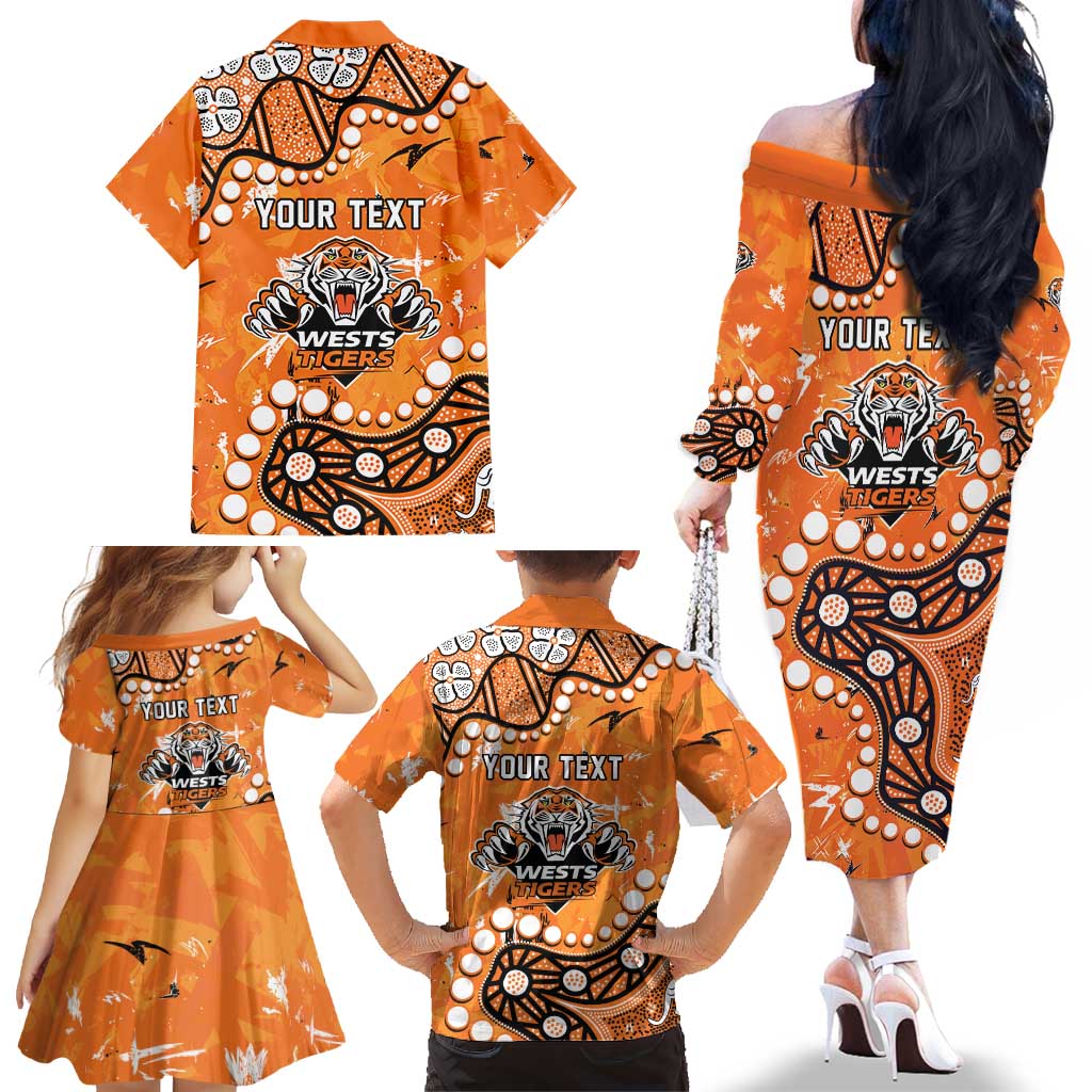 Personalized Wests Tigers Family Matching Off The Shoulder Long Sleeve Dress and Hawaiian Shirt Aboriginal Pattern with Graffiti Style Design