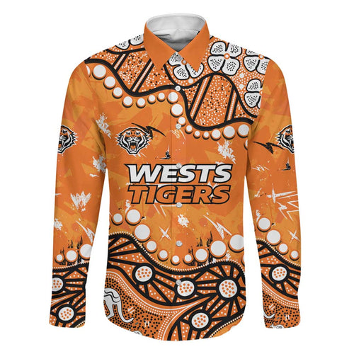 Personalized Wests Tigers Family Matching Off The Shoulder Long Sleeve Dress and Hawaiian Shirt Aboriginal Pattern with Graffiti Style Design