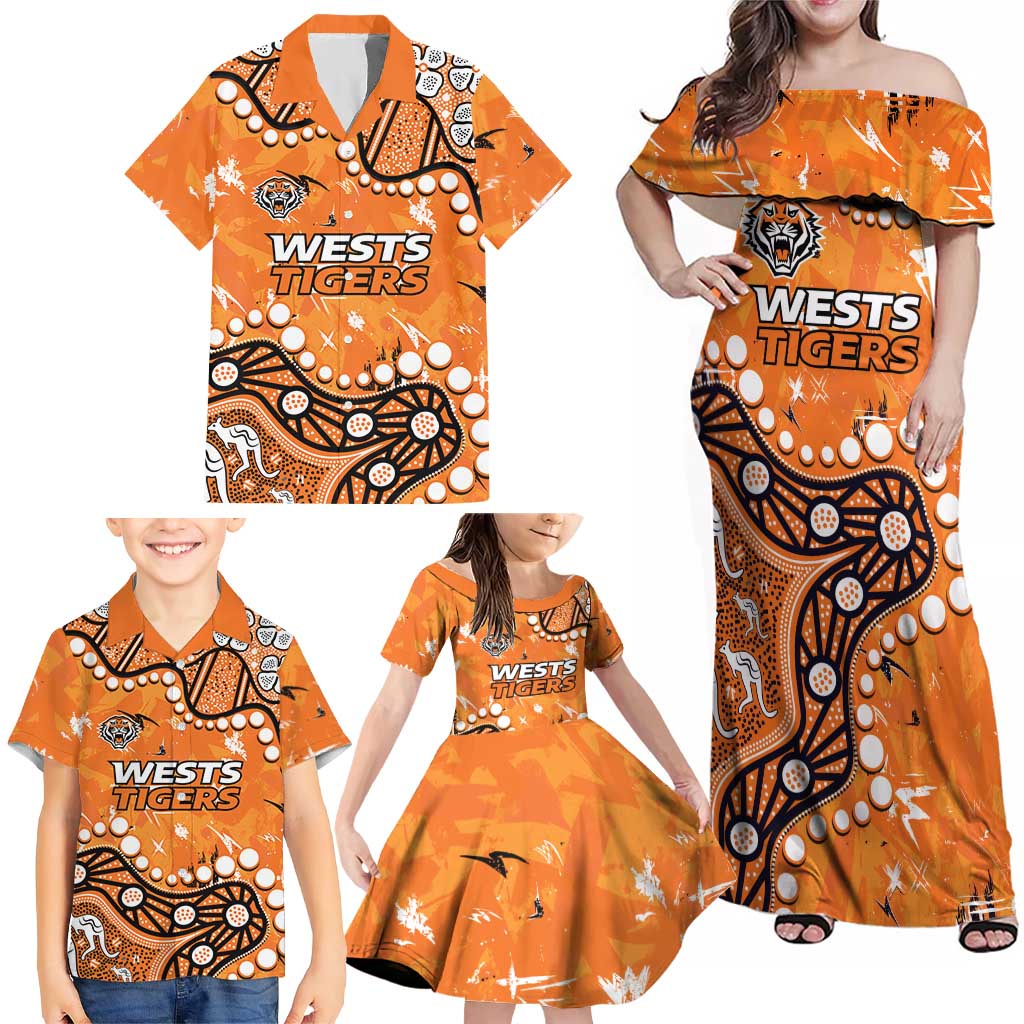Personalized Wests Tigers Family Matching Off Shoulder Maxi Dress and Hawaiian Shirt Aboriginal Pattern with Graffiti Style Design