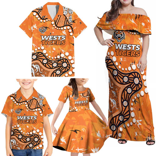 Personalized Wests Tigers Family Matching Off Shoulder Maxi Dress and Hawaiian Shirt Aboriginal Pattern with Graffiti Style Design