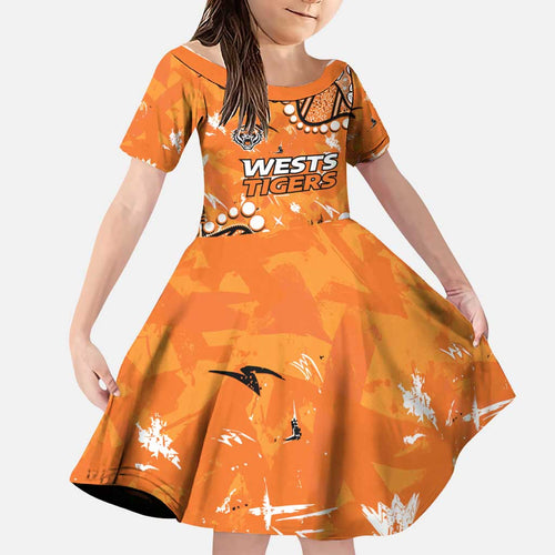 Personalized Wests Tigers Family Matching Off Shoulder Maxi Dress and Hawaiian Shirt Aboriginal Pattern with Graffiti Style Design