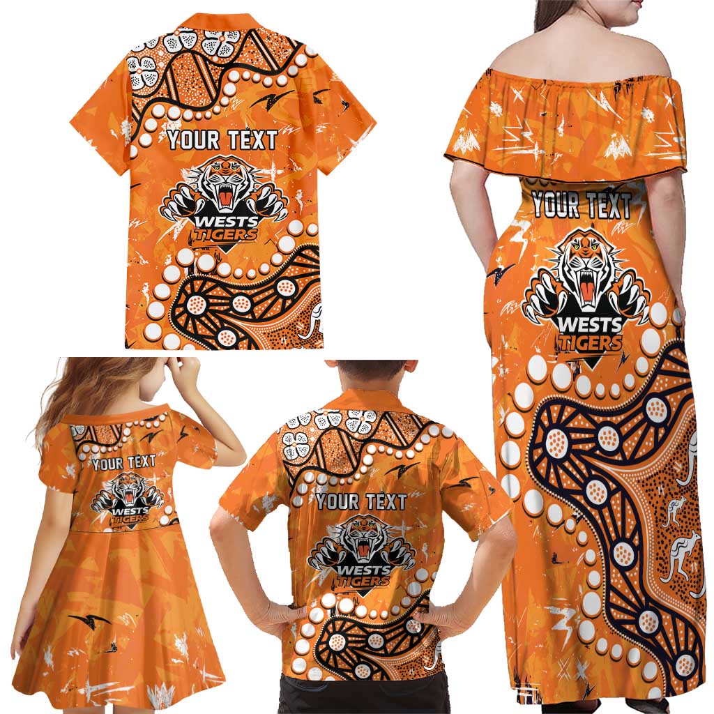 Personalized Wests Tigers Family Matching Off Shoulder Maxi Dress and Hawaiian Shirt Aboriginal Pattern with Graffiti Style Design