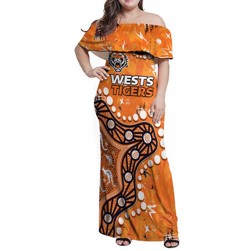 Personalized Wests Tigers Family Matching Off Shoulder Maxi Dress and Hawaiian Shirt Aboriginal Pattern with Graffiti Style Design