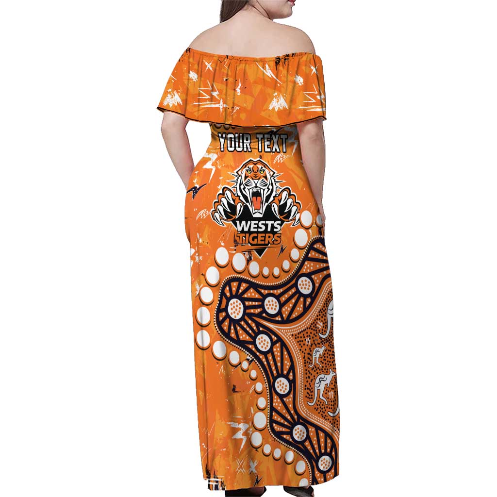 Personalized Wests Tigers Family Matching Off Shoulder Maxi Dress and Hawaiian Shirt Aboriginal Pattern with Graffiti Style Design